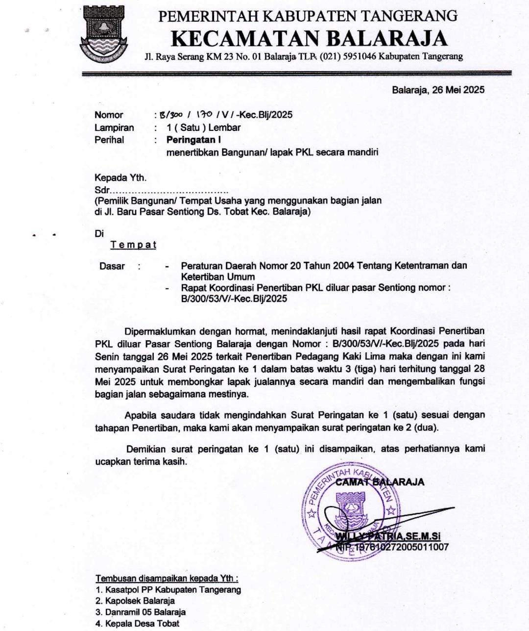 Buntut PKL Dibekingi Preman, Camat Balaraja Keluarkan Surat Peringatan 